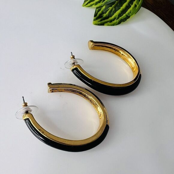 Kara Ross Black Label by Chico’s Ebony Resin Gold Tone Earrings Open Hoop NICE - Picture 4 of 10